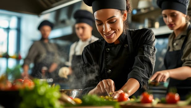 Professional female chef with team preparing food in busy kitchen