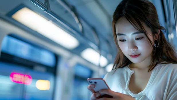 Woman use of mobile phone in the train, lifestyle portrait of asian