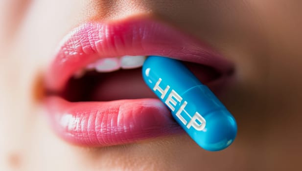 Woman with blue pill marked HELP between her lips