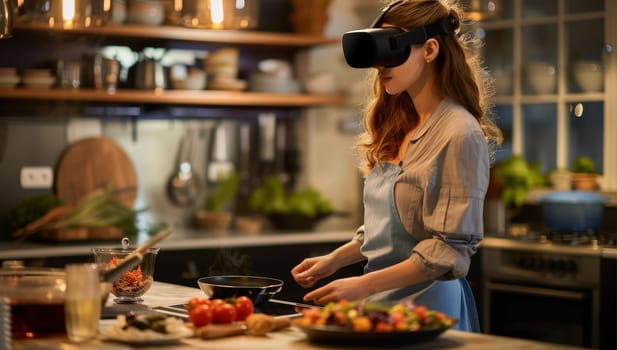 Young woman wearing virtual reality goggles while cooking in the kitchen at home