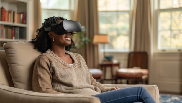Happy african american woman using virtual reality headset at home.