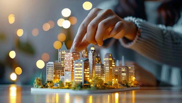 Miniature city model on table with bokeh background. Real estate concept.