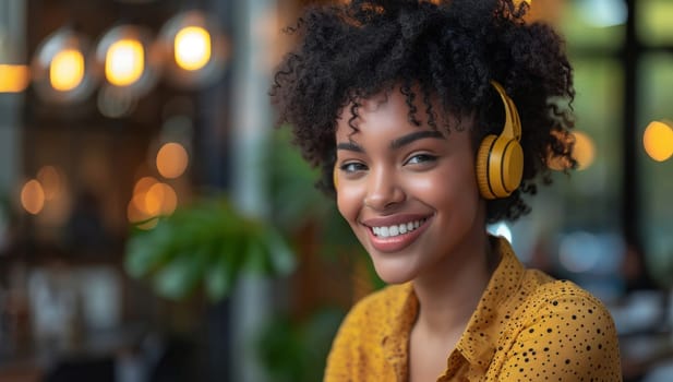 Portrait of smiling african american woman with headphones in cafe