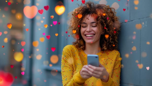 Woman in yellow sweater reading message on smartphone surrounded by digital hearts