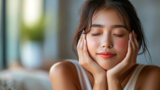 Asian woman touching face with eyes closed