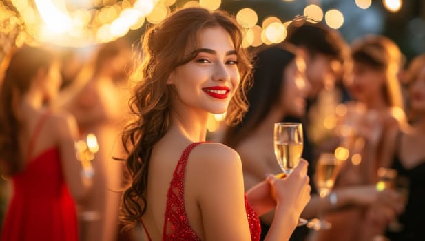 Beautiful young woman in evening dress with glass of champagne at party