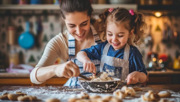 Mother and daughter enjoy baking cookies in a kitchen