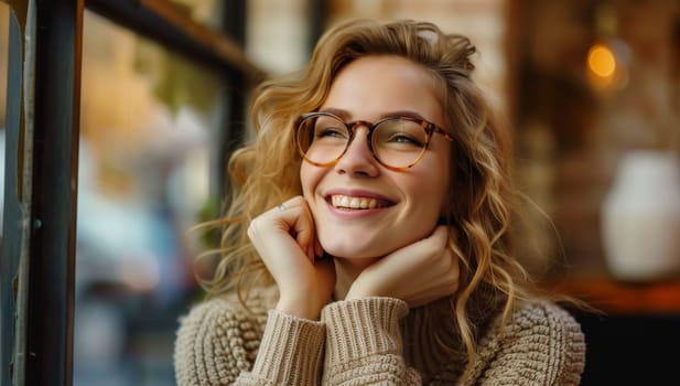 Young woman with curly hair in a cozy sweater at a cafe