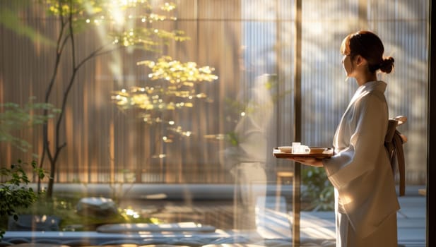 Serene woman in bathrobe savors morning coffee in luxury spa