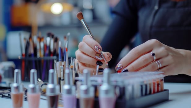 Professional make-up artist working in her beauty studio. Close up shot of female hands with professional makeup brushes.
