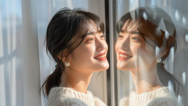 Asian woman in white sweater gazes out a bright window