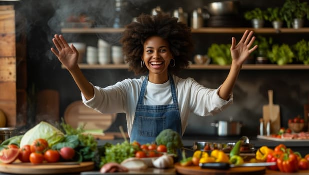 Woman joyfully prepares meal with fresh vegetables in rustic kitchen