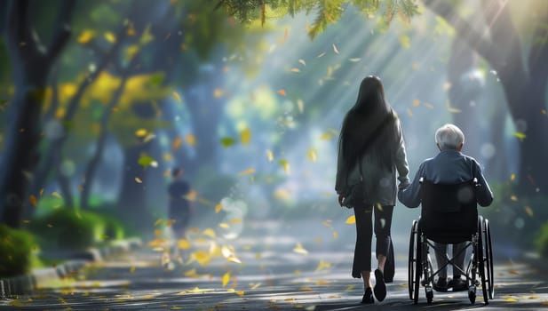 Woman assisting elderly person in wheelchair during autumn in park