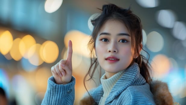 Woman pointing upward in city at night