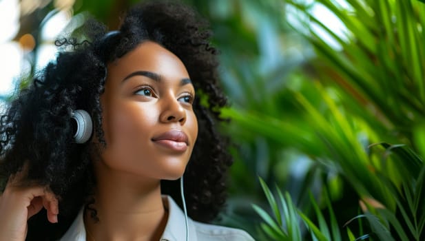 African American woman enjoys music in nature