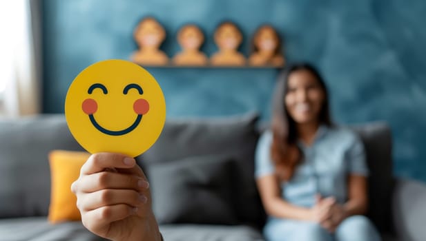 Woman holds smiley face card in cozy room