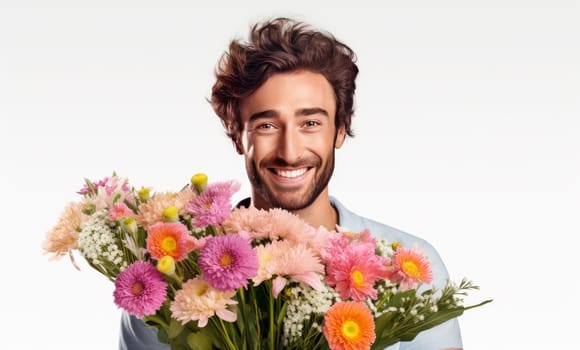 Happy smiling Man hold bunch of Flowers isolated on white background. generative ai