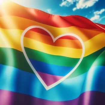 Colorful waving LGBTQ Flag with heart shape in the middle. artificial art