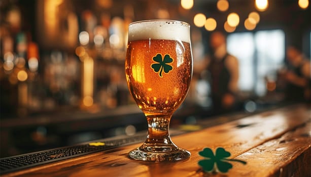 Saint Patrick's day.Glass of beer on bar with four clover leaves. Traditional festival symbols. Shamrock. Glass of beer on bar in pub on wooden table sparkling lights.