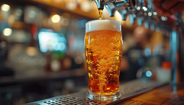 Bartender tapping beer.Freshly tapped beer in hand copy space,people, men, leisure, friendship and celebration concept happy male friends drinking beer and clinking glasses at bar or pub Space for text