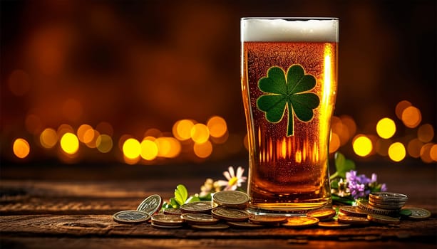 Saint Patrick's day.Glass of beer on bar with four clover leaves. Traditional festival symbols. Shamrock. Glass of beer on bar in pub on wooden table sparkling lights.