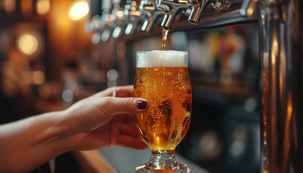 Bartender tapping beer.Freshly tapped beer in hand copy space,people, men, leisure, friendship and celebration concept happy male friends drinking beer and clinking glasses at bar or pub Space for text