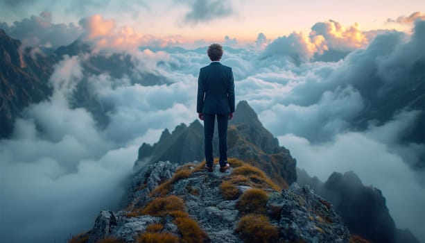 Successful Business man standing on the top of the mountain looking at the view. Business success concept leader