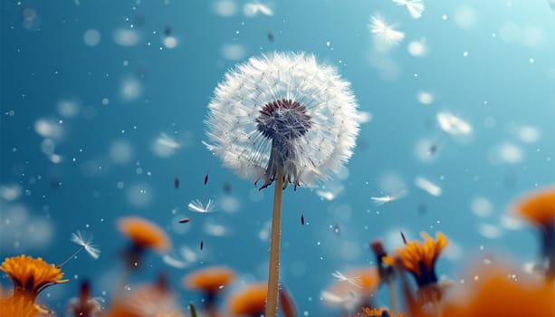 Dandelion on light blue background copy space. Minimalism spring background. Dandelion seeds flying in the blue sky. Useful for spring themes or serenity, joy, freshness concepts. Space for copy. Space for text