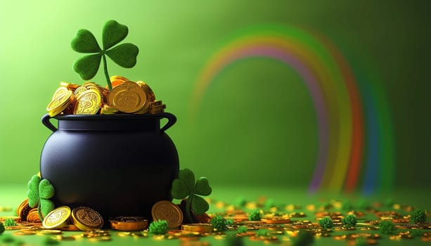 Saint Patrick s Day. Pot full of golden coins.Traditional Irish symbol of success and luck. Leprechaun s gold. Celebrative, festive 3D Render concept green background copy space