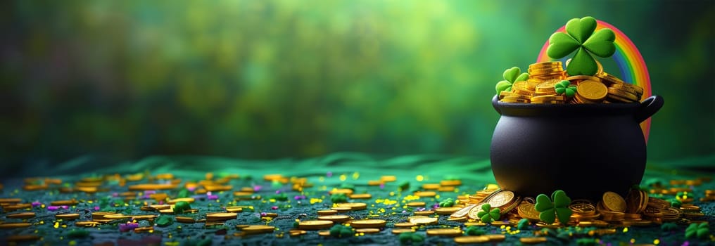 Saint Patrick s Day. Pot full of golden coins.Traditional Irish symbol of success and luck. Leprechaun s gold. Celebrative, festive 3D Render concept green background copy space