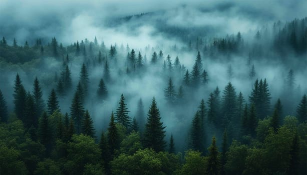 Misty landscape with fir forest in hipster vintage retro style. Mountain forest landscape in the morning with mist background beauty