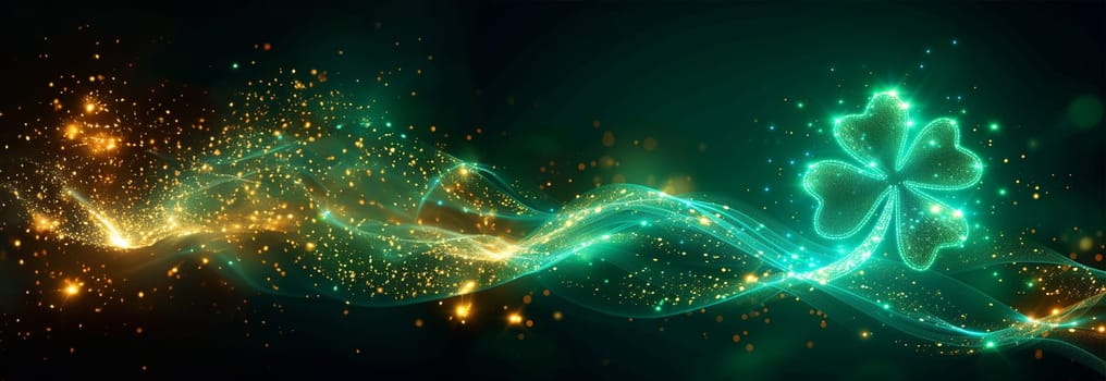 St Patrick's Day background effect. Four Clover leaf. Green particles appear and forming the shape of clover or shamrock. St. Patrick's day background. Irish tradition concept. Copy space Saint Patrick Day