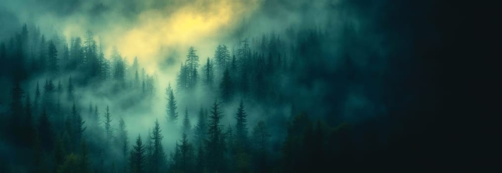 Misty landscape with fir forest in hipster vintage retro style. Mountain forest landscape in the morning with mist background beauty