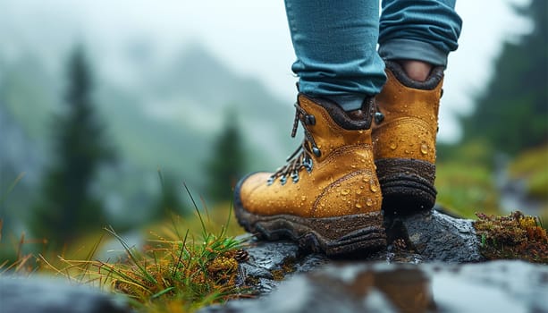 Close up of hiking boots and legs climbing up rocky trail. Hiking in the mountains. Sport shoes. Healthy nature active person. Travel and sport copy space