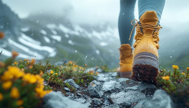 Close up of hiking boots and legs climbing up rocky trail. Hiking in the mountains. Sport shoes. Healthy nature active person. Travel and sport copy space