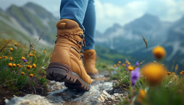 Close up of hiking boots and legs climbing up rocky trail. Hiking in the mountains. Sport shoes. Healthy nature active person. Travel and sport copy space