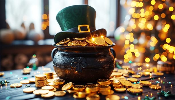 Saint Patrick s Day. Pot full of golden coins.Traditional Irish symbol of success and luck. Leprechaun s gold. Celebrative, festive 3D Render concept sparkling lights