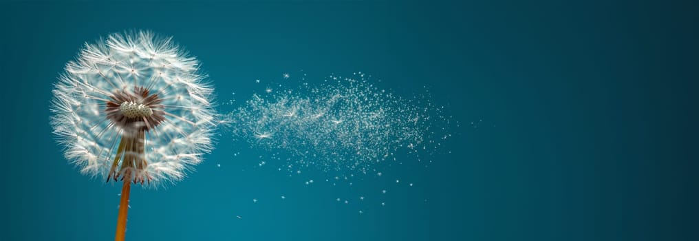 Banner Dandelion on light blue background copy space. Minimalism spring background. Dandelion seeds flying in the blue sky. Useful for spring themes or serenity, joy, freshness concepts. Space for copy. Space for text