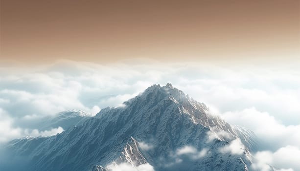 Mountain peak in the clouds moving in the wind. Landscape mountains in mist moving. Aerial view of mountain peak with fog minimalism. Beautiful landscape with high rocks,light pastel background, sky. Top view from drone of mountain valley in low clouds Copy space beauty