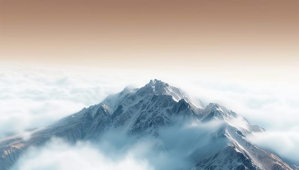 Mountain peak in the clouds moving in the wind. Landscape mountains in mist moving. Aerial view of mountain peak with fog minimalism. Beautiful landscape with high rocks,light pastel background, sky. Top view from drone of mountain valley in low clouds Copy space beauty