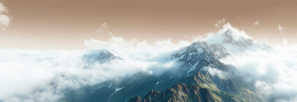 Mountain peak in the clouds moving in the wind. Landscape mountains in mist moving. Aerial view of mountain peak with fog minimalism. Beautiful landscape with high rocks,light pastel background, sky. Top view from drone of mountain valley in low clouds Copy space beauty