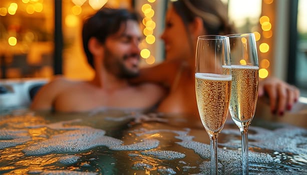 Spa couple relaxing enjoying jacuzzi hot tub bubble bath outdoors on romantic summer vacation travel holidays or honeymoon. Young interracial couple in love, Caucasian man. love