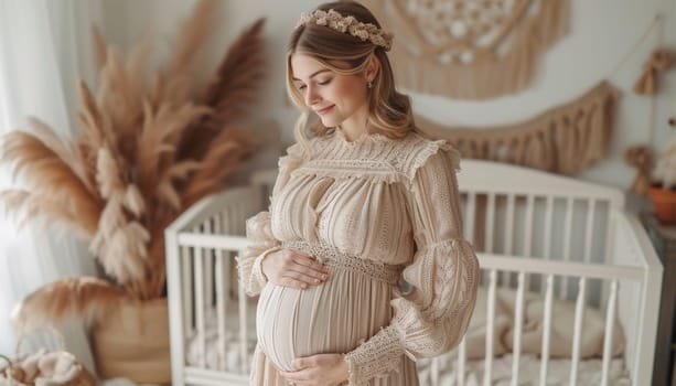 pregnant woman stands by a wicker cradle. Baby bassinet made of natural wooden materials. Eco parenting. Baby cot preparation for birth of a child. Stylish modern boho interior. Waiting for childbirth boho
