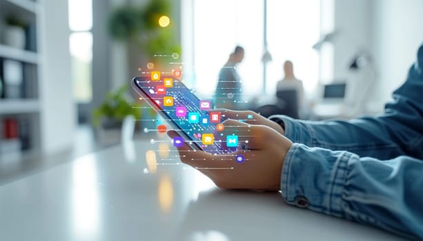 Hand of person holding mobile smartphone with icons concept. Mail,phone,email icon. cutomer support concept, copy space. Technology business design communication