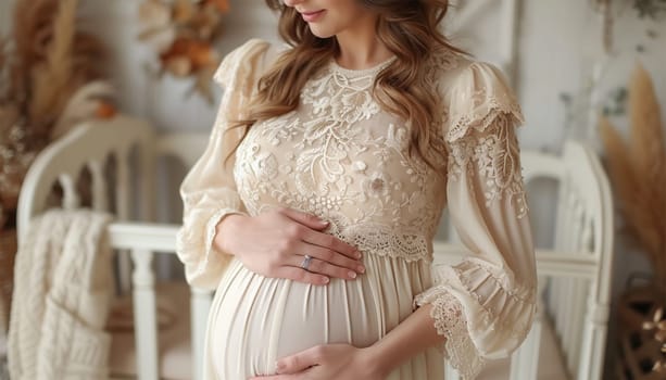 pregnant woman stands by a wicker cradle. Baby bassinet made of natural wooden materials. Eco parenting. Baby cot preparation for birth of a child. Stylish modern boho interior. Waiting for childbirth boho