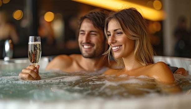 Spa couple relaxing enjoying jacuzzi hot tub bubble bath outdoors on romantic summer vacation travel holidays or honeymoon. Young interracial couple in love, Caucasian man. love