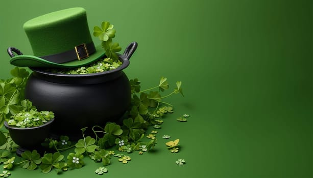 Saint Patrick's Day green hat with four clover leaves. Green leprechaun hat in green clover.Irish traditional spring holiday.Saint Patrick background.St. Patricks Day green background with shamrock leaves. Copy space