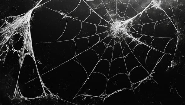 halloween, decoration and horror concept ecoration of artificial spider web over black background. Cobweb background scary halloween design Copy space