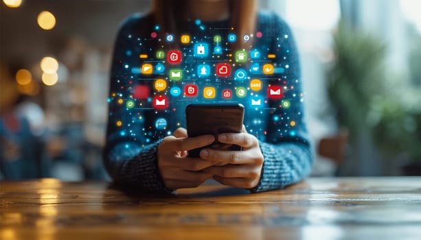 Hand of person holding mobile smartphone with icons concept. Mail,phone,email icon. cutomer support concept, copy space. Technology business design communication