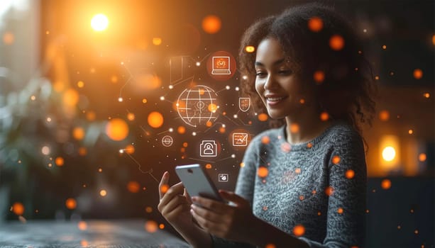 Hand of person holding mobile smartphone with icons concept. Mail,phone,email icon. cutomer support concept, copy space. Technology business design communication